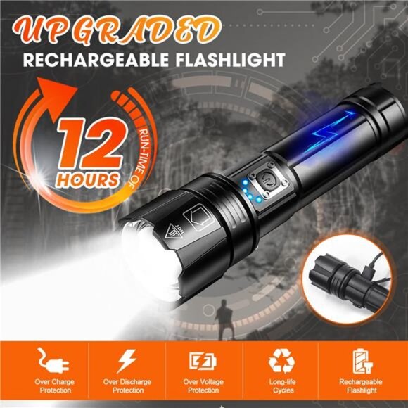 Powerful Flashlight 10000 Lumens, USB Rechargeable XHP70.2 Flashlights High - Picture 3 of 7